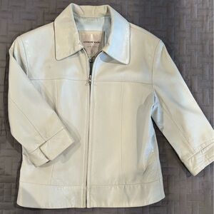 Andrew Marc Soft Leather Jacket - Light Eggshell Baby Blue 3/4 Sleeves